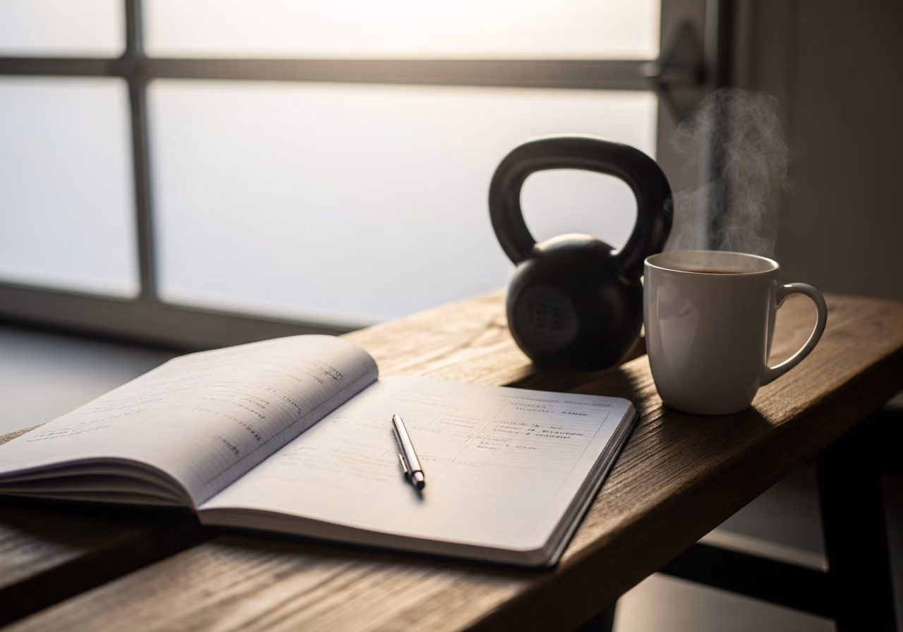 Nahaufnahme eines aufgeschlagenen Notizbuchs für persönliches Training, das auf einer Holzbank neben einer kleinen Kettlebell und einer Kaffeetasse liegt; sanftes Morgenlicht fällt durch ein Garagentor aus Glas.