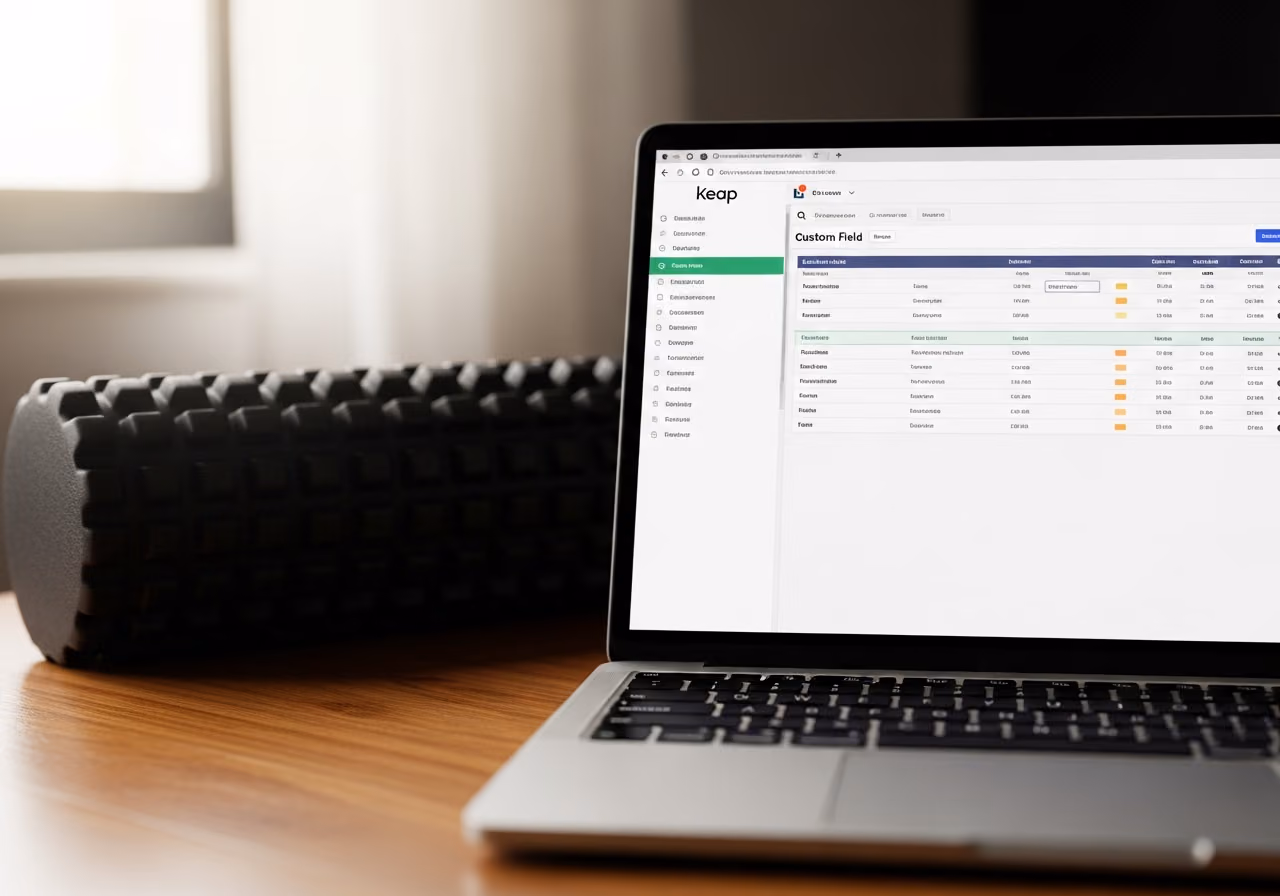 Nahaufnahme eines CRM-Dashboards im Keap-Stil auf einem Laptop-Bildschirm mit sichtbaren benutzerdefinierten Feldspalten, auf einem hölzernen Turnhallentisch neben einer Schaumstoffrolle, sanftes Fensterlicht.