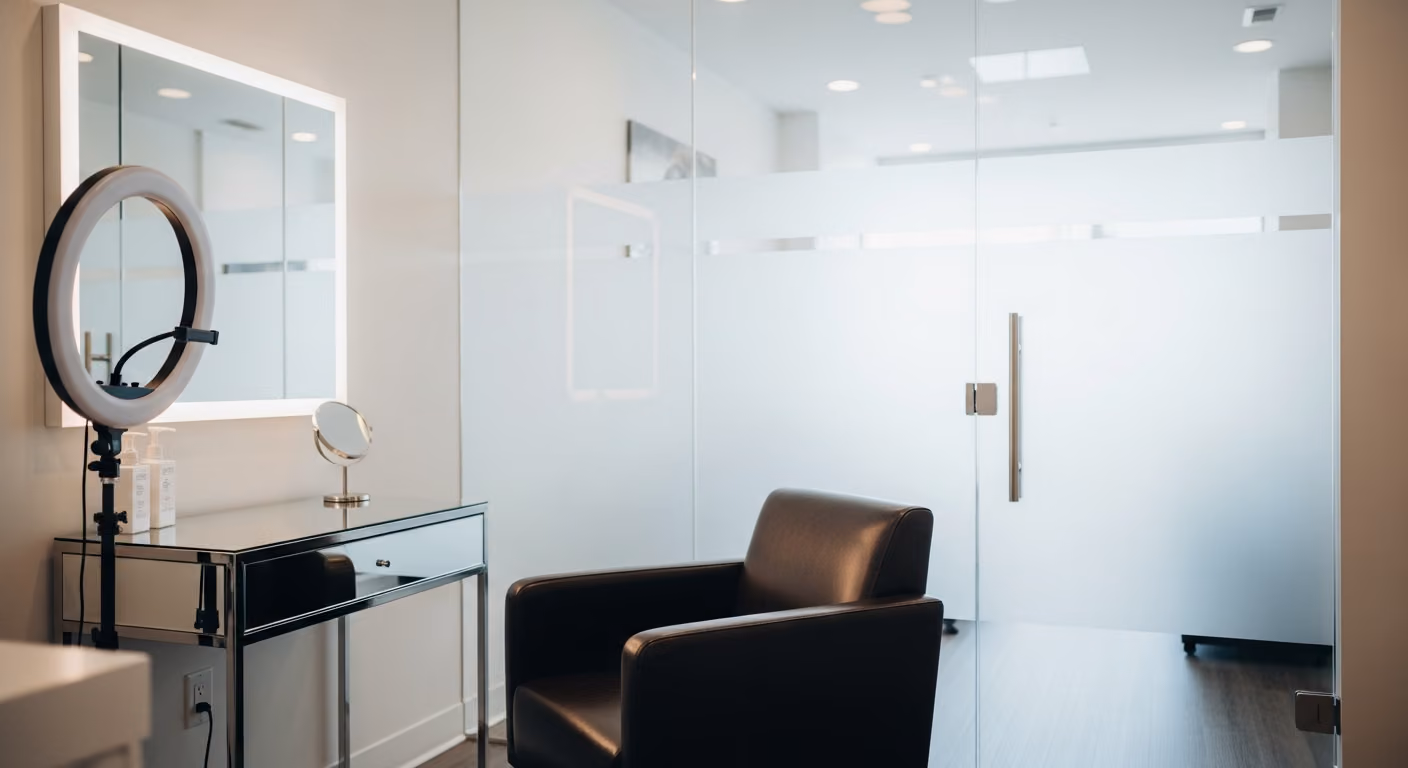Elegante sala de consulta de medicina estética con sillón de cuero, tocador con espejo, luz anular apagada y luz natural suave que entra a través de vidrio esmerilado.