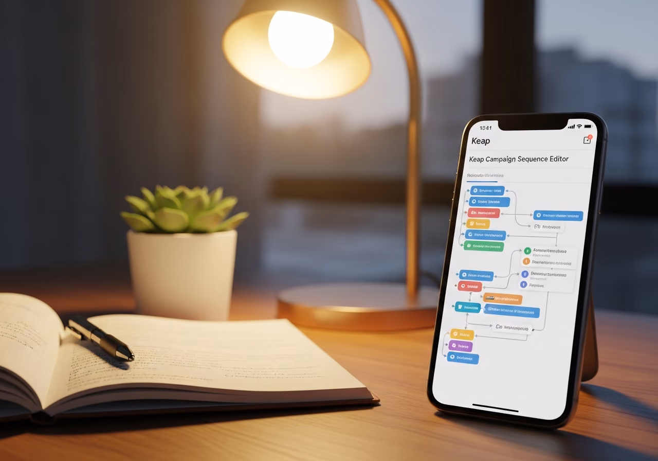 Nahaufnahme eines Smartphones, auf dem ein Keap-Kampagnensequenzeditor auf einem Schreibtisch mit einem Notizbuch und einer kleinen, warm leuchtenden Schreibtischlampe mit Sukkulente zu sehen ist.