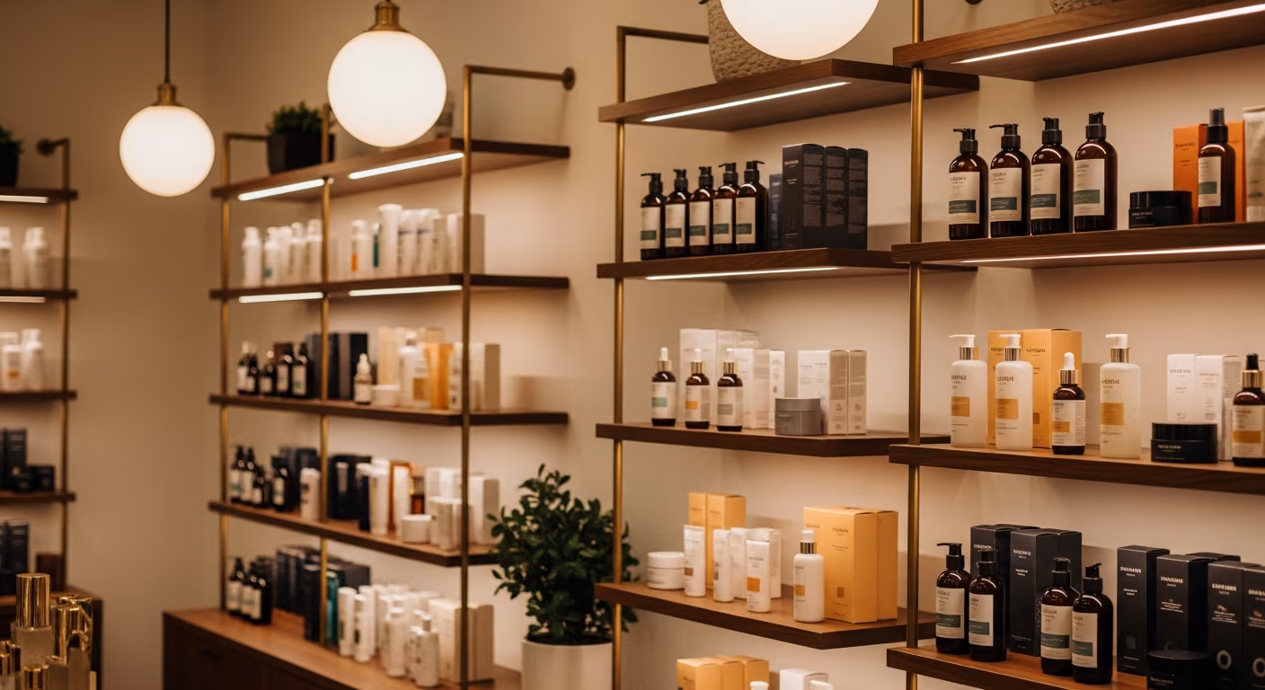 Boutique de spa con estanterías cuidadosamente seleccionadas de frascos para el cuidado de la piel, vitrina de madera cálida y latón, e iluminación ambiental colgante.