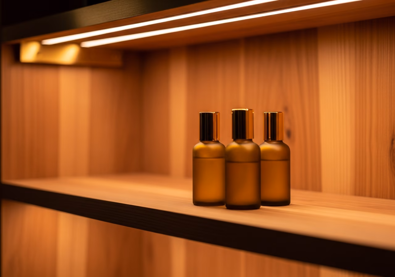 Nahaufnahme eines liebevoll zusammengestellten Spa-Verkaufsregals mit drei kleinen Hautpflegefläschchen, warmer Messingbeleuchtung und weichem Zedernholzhintergrund.
