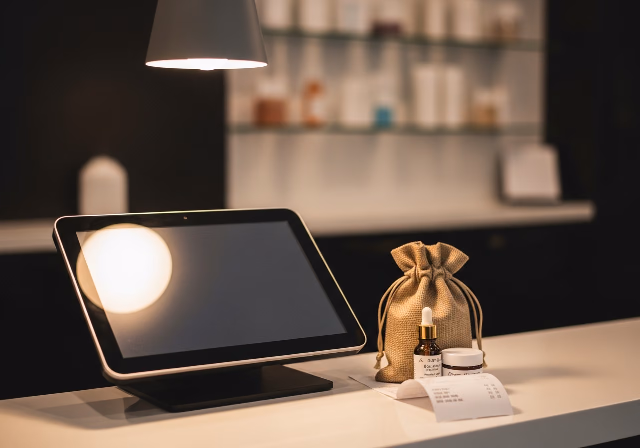 Nahaufnahme eines Kassenterminals an der Rezeption eines Spas mit einer kleinen Tasche mit Hautpflegeprodukten neben einem ausgedruckten Beleg, warmes Umgebungslicht.
