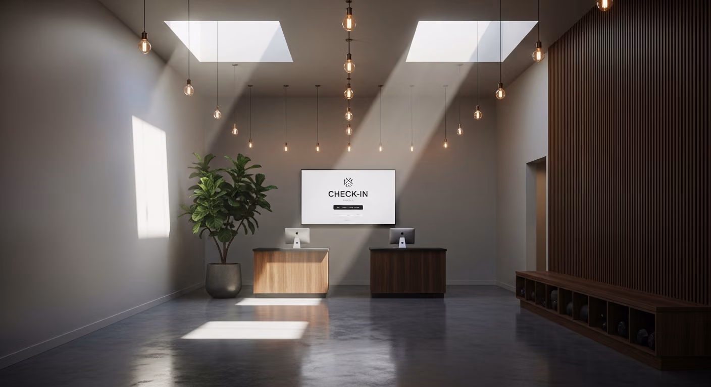 Vestíbulo de gimnasio boutique moderno con pantalla de registro de marca, hormigón pulido, bombillas colgantes de filamento y luz natural que entra por tragaluces.
