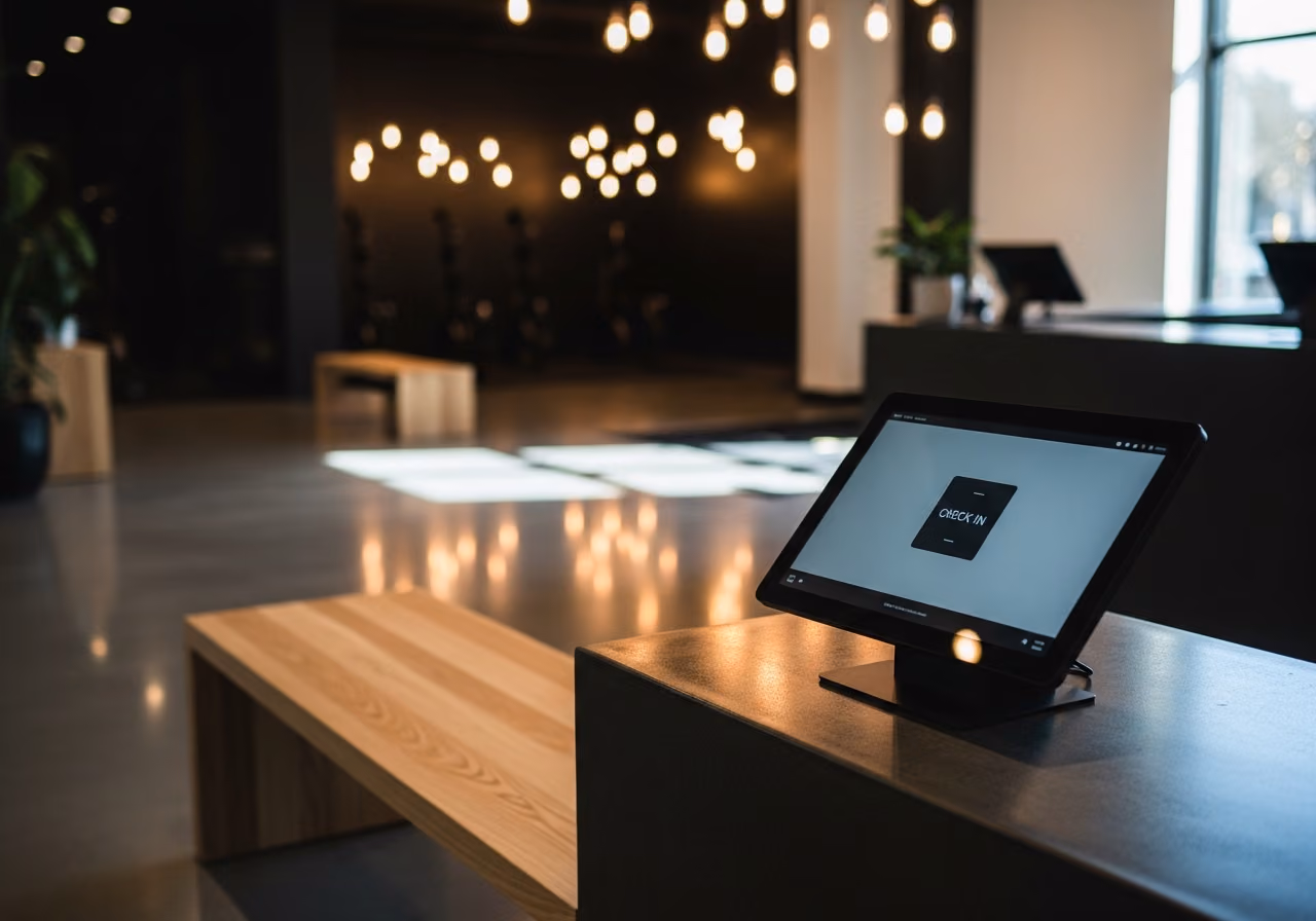 Nahaufnahme der Lobby eines modernen Boutique-Fitnessstudios mit Check-in-Bildschirm, Holzbank, poliertem Betonboden und hängenden Glühbirnen.