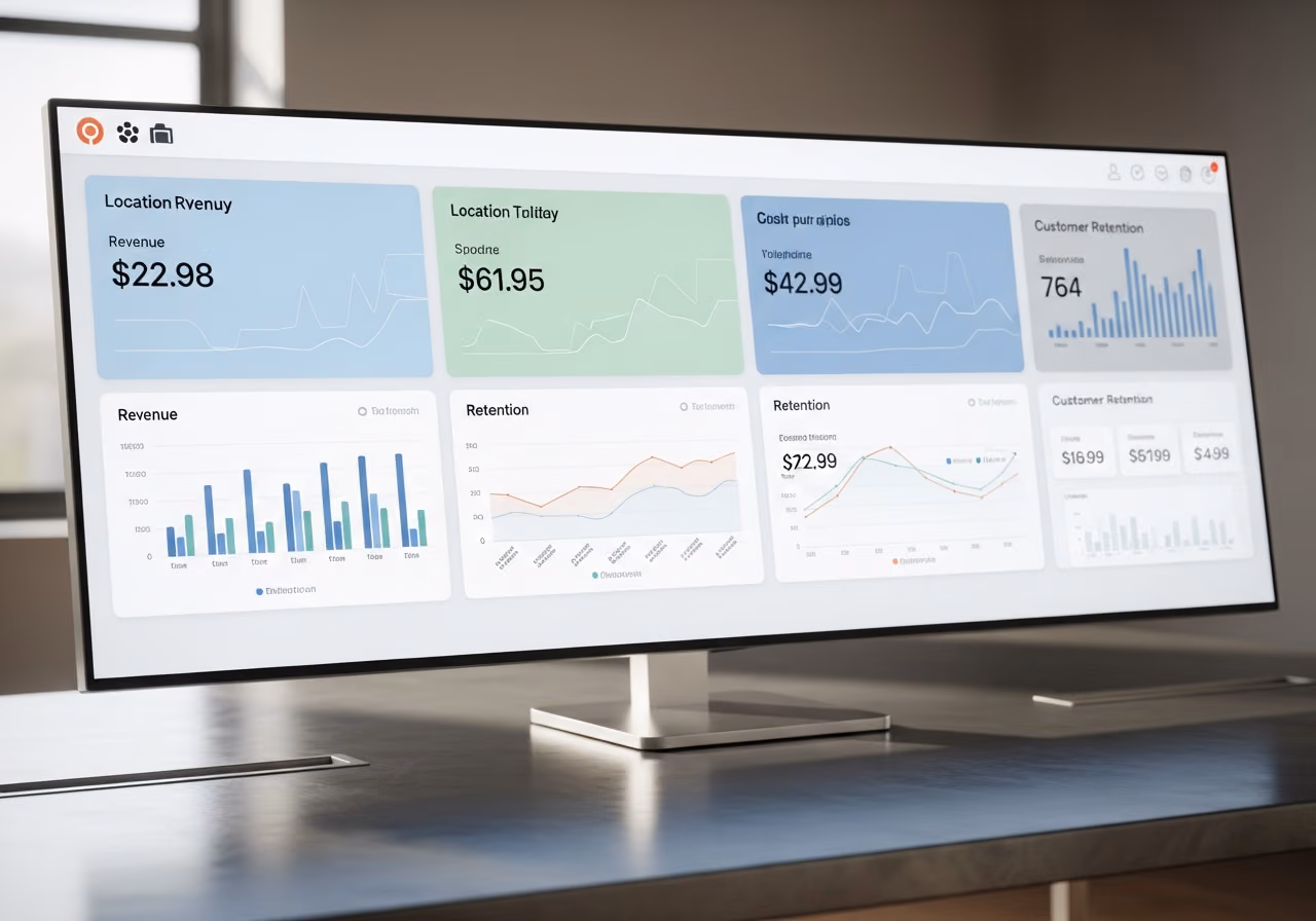Nahaufnahme eines mehrteiligen Dashboards auf einem breiten Monitor, das vier standortspezifische Umsatz- und Kundenbindungs-Widgets in sanften Farben zeigt, auf einem Schreibtisch aus gebürstetem Stahl.