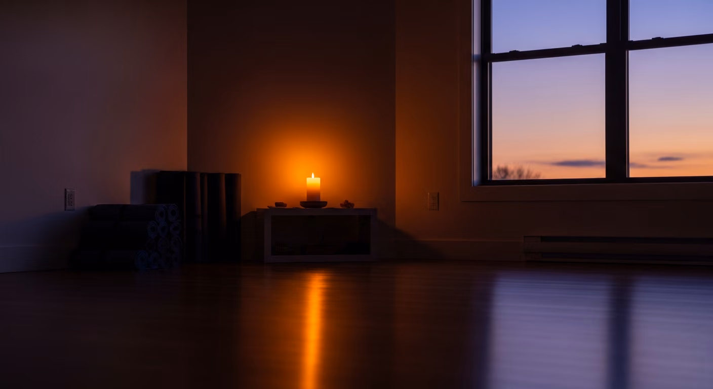 Estudio de yoga vacío al anochecer, una sola vela en el altar, esterillas enrolladas en un rincón, una suave luz ámbar y violeta que entra por la ventana.