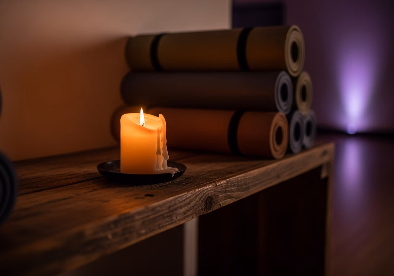 Nahaufnahme einer einzelnen brennenden Kerze auf einem Altarregal in einem schwach beleuchteten Yogastudio, dahinter im weichen Fokus gestapelte zusammengerollte Matten, bernsteinfarbenes und violettes Licht.