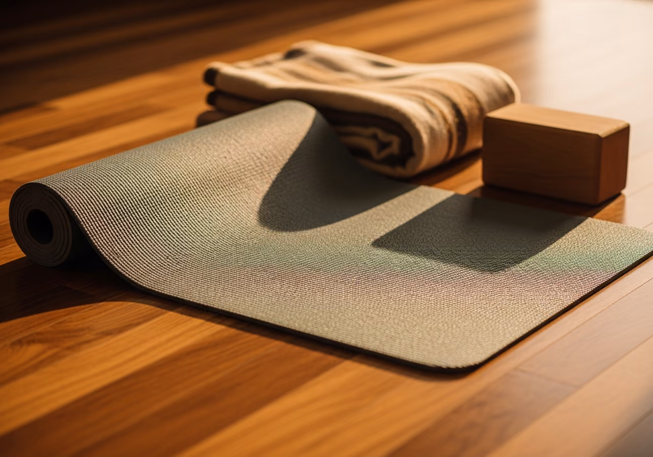 Nahaufnahme einer leeren, ausgerollten Yogamatte auf einem Hartholzboden neben einer gefalteten Decke und einem Holzblock, seitliches Licht am späten Nachmittag.