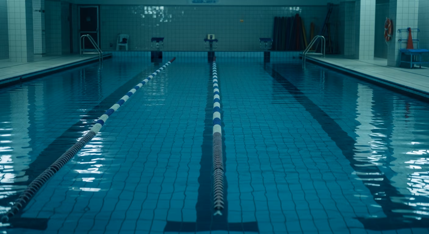 Piscina cubierta de una escuela de natación con reflejos de agua brillantes en las paredes de azulejos, líneas de carriles flotantes y luz ambiental azul verdosa.