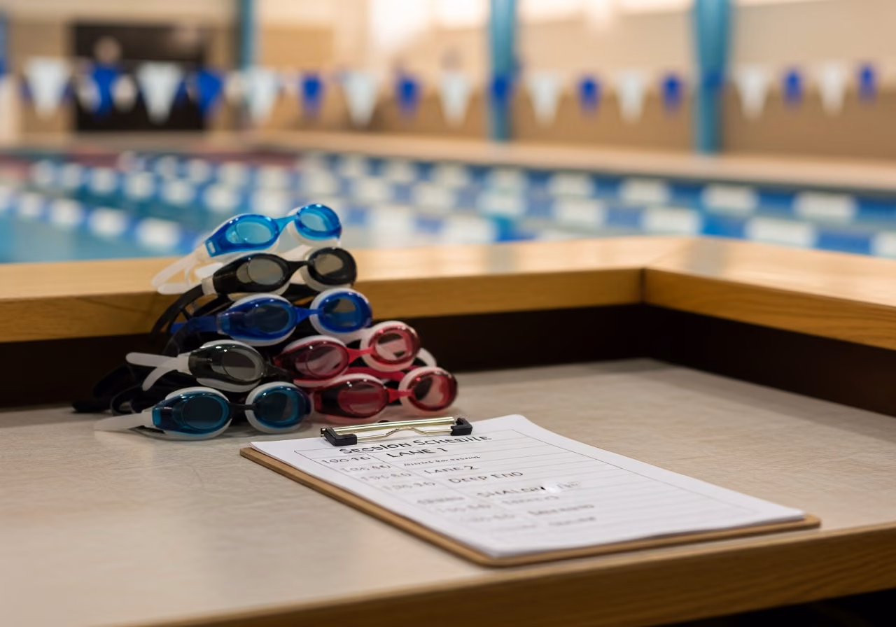Rezeption der Schwimmschule mit ordentlich gestapelten Schwimmbrillen und einem Klemmbrett mit dem Kursplan, im Hintergrund sanfte Beleuchtung des Pooldecks.