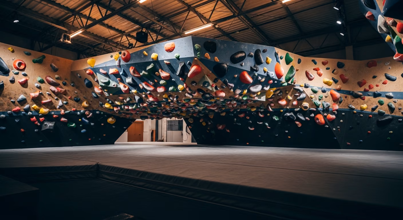 Interior de un gimnasio de escalada con pared de búlder en voladizo, presas coloridas, suelo acolchado, cerchas industriales y focos de luz cálida ambiental.
