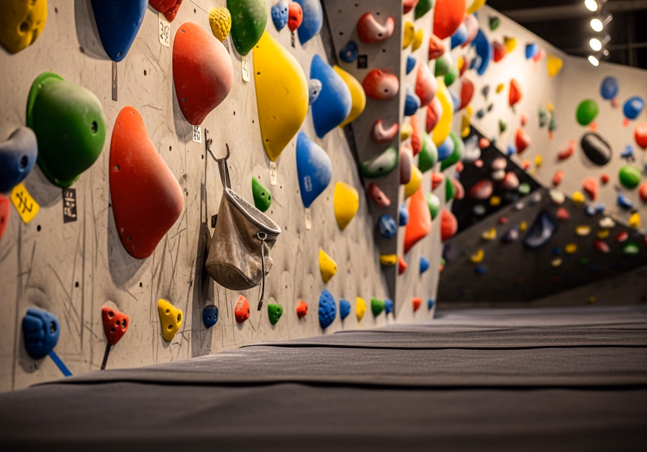 Muro de escalada con presas de colores y una bolsa de magnesio colgada de un gancho, suelo acolchado en primer plano, focos de luz cálida.