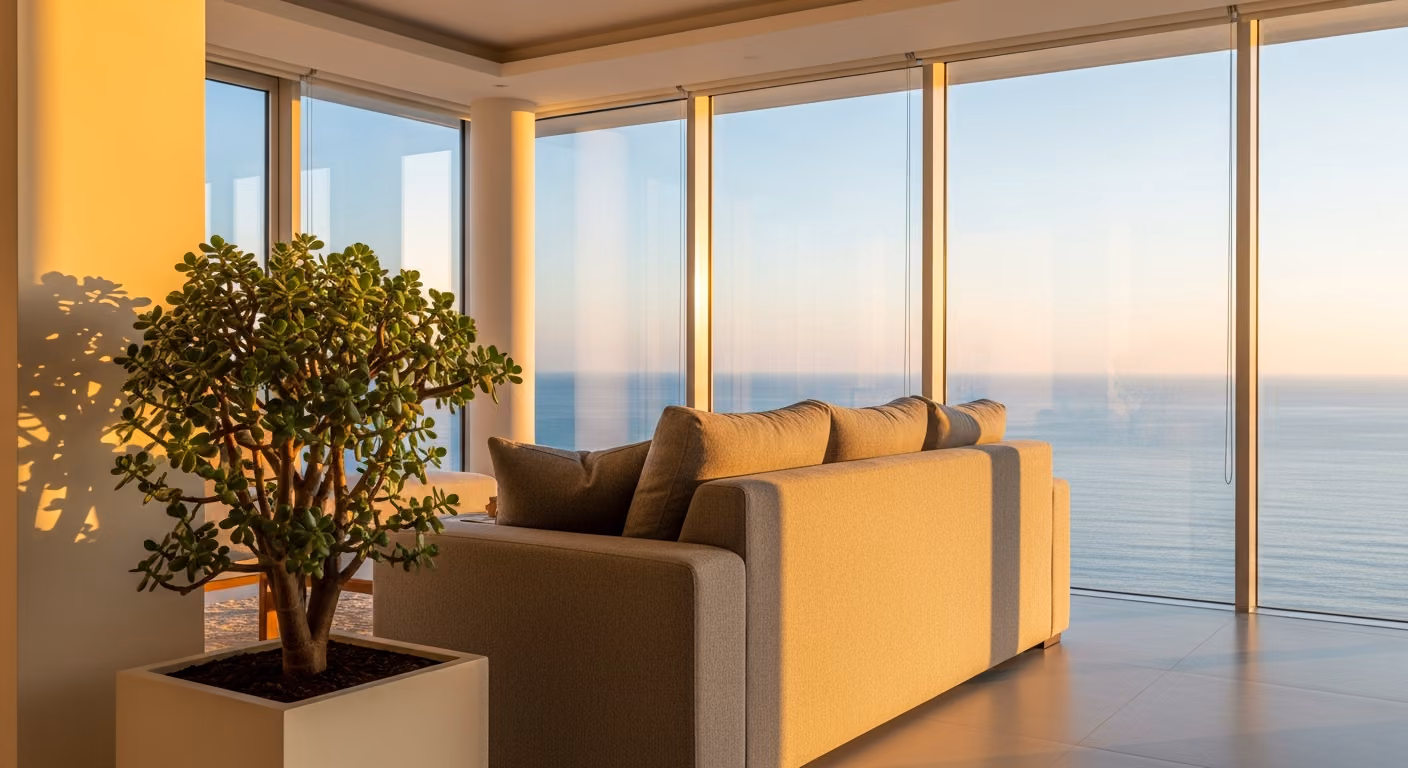 Interior de una villa de lujo para un retiro de bienestar con ventanales del suelo al techo con vistas al océano, sofá de lino en tonos neutros, planta de jade y luz del atardecer.