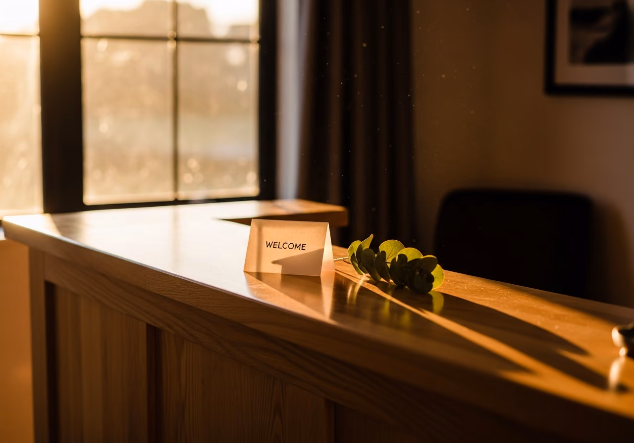 Mostrador de recepción de madera en un refugio, con una tarjeta de bienvenida que emite un brillo tenue y una ramita de eucalipto, bajo la cálida luz dorada del atardecer.