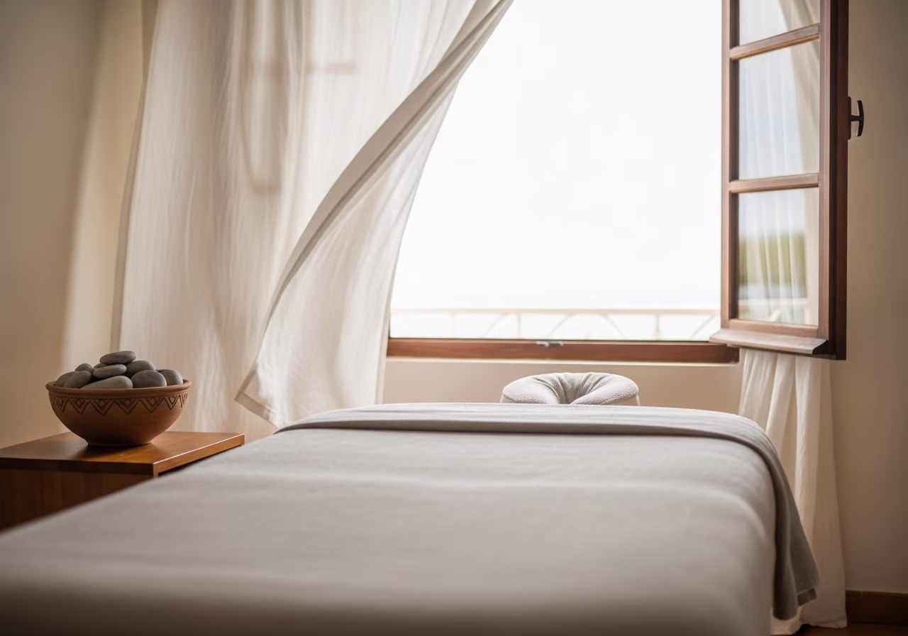 Una camilla de masaje cubierta de lino se encuentra junto a una ventana abierta con cortinas transparentes y un pequeño cuenco de barro con piedras, bañada por una suave luz natural.