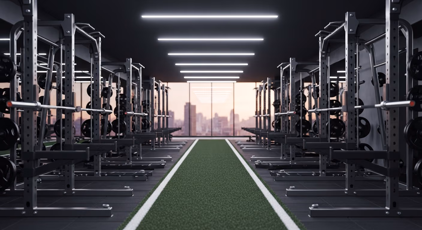 Gimnasio moderno con filas de soportes para sentadillas, césped artificial de goma, ventanas panorámicas, acero cepillado y paleta de colores negros, iluminación ambiental cenital.