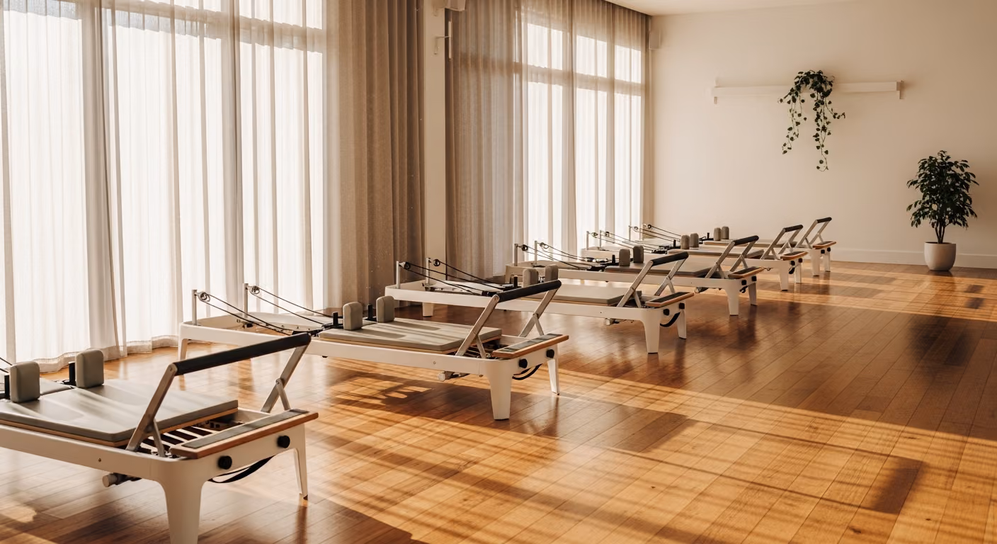 Estudio de pilates luminoso con máquinas reformer blancas, cortinas de lino transparente, suelo de roble pulido y un agradable resplandor matutino.