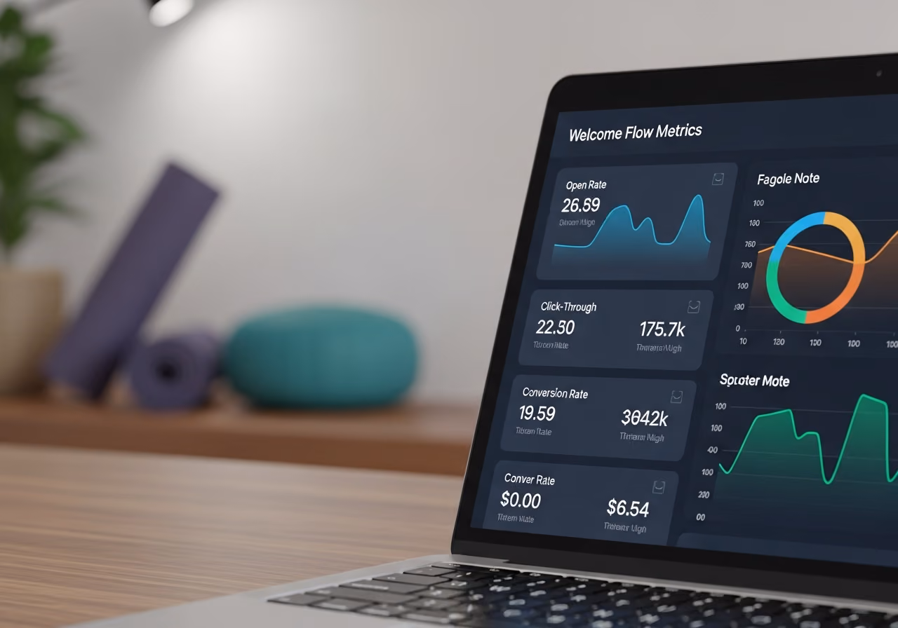 Nahaufnahme eines Marketing-Dashboards auf einem Laptop, das Kennzahlen zum Willkommensfluss zeigt, sanfte Studiobeleuchtung, im Hintergrund verschwommene Yoga-Requisiten.