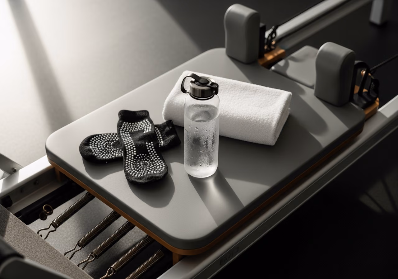 Draufsicht auf einen Pilates-Reformer mit ordentlich platzierten Grip-Socken, Wasserflasche und einem einzelnen weißen Handtuch, sanftes Morgenlicht.
