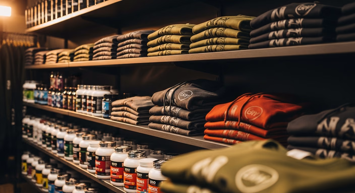 Pared de la tienda de artículos deportivos de un gimnasio de CrossFit con camisetas, sudaderas con capucha y botes de suplementos de marca, cuidadosamente apilados, con una iluminación ambiental cálida.