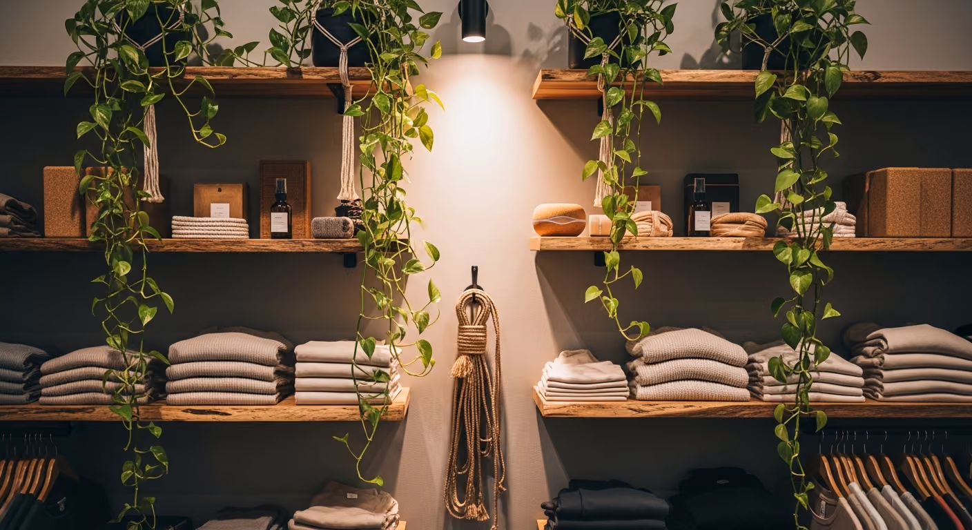 Rincón de venta acogedor en un estudio de yoga, con prendas dobladas en estantes de madera natural, plantas colgantes y una iluminación cálida.