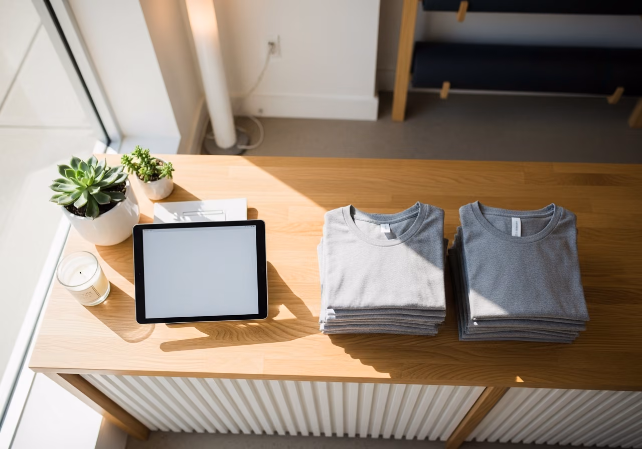 Luftaufnahme von oben über einem Verkaufstresen in einem Yogastudio mit gefalteten, hellgrauen T-Shirts neben einem Tablet-POS-System, sanftes Fensterlicht, redaktioneller Stil.