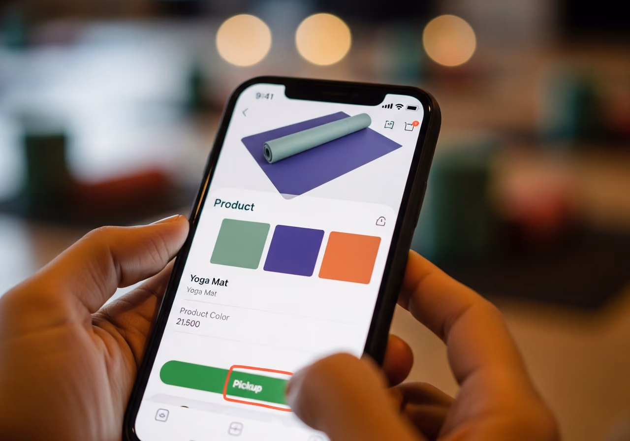 Nahaufnahme eines Shopify-Warenkorbs auf einem Handybildschirm, der eine Yogamatte mit drei Farbmustern und einer Abholoption zeigt, Hände, die das Handy halten, verschwommenes Studio.