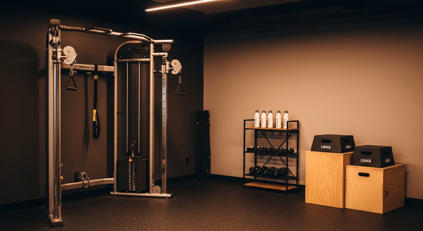 Estudio de entrenamiento personal con estructura de poleas para un solo cliente, cajones pliométricos apilados, botellas de agua de marca en un estante y luz cálida cenital.