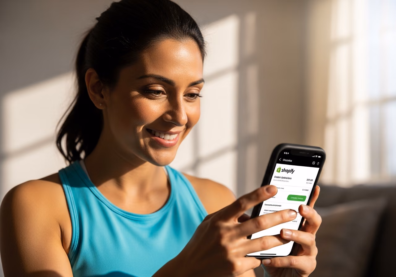 Foto einer Frau in Sportkleidung, die lächelnd auf ihr Handy mit einem Shopify-Bestätigungsbildschirm schaut, sanftes Morgenlicht durch ein Fenster, keine Studio-Logos sichtbar.