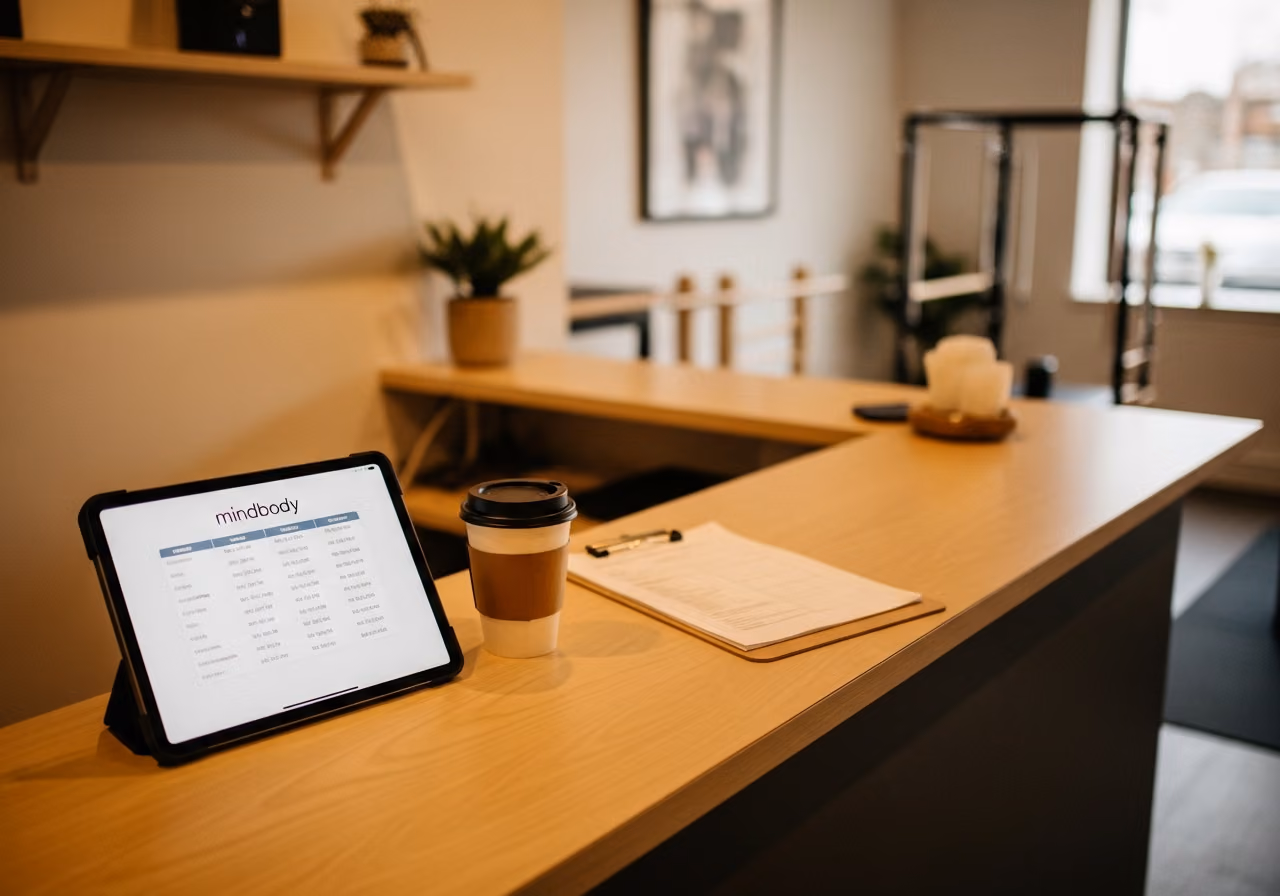 Rezeption eines Pilates-Studios mit einem Tablet, auf dem ein Mindbody-Stundenplan angezeigt wird, einer Kaffeetasse und einem Klemmbrett; warme Farbtöne, fotojournalistischer Stil.