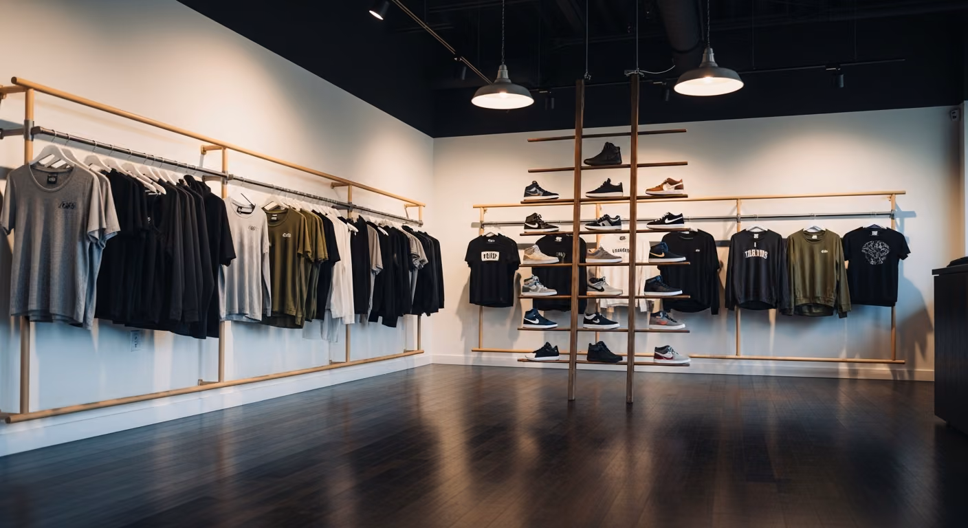 Local comercial moderno tipo boutique para gimnasio con paredes dedicadas a ropa de marca, escalera para exhibir zapatillas, iluminación ambiental colgante y suelo de hormigón cepillado.