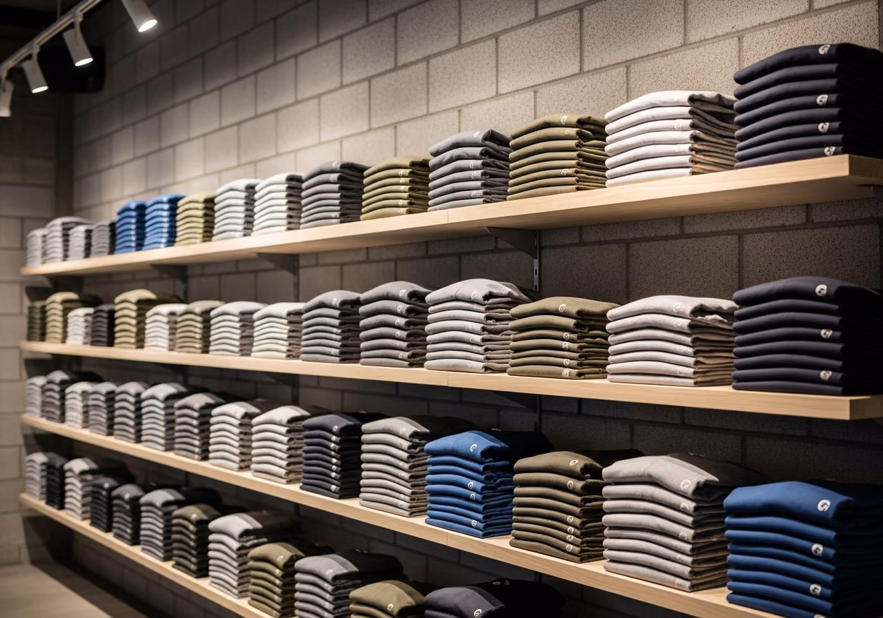 Fotografie einer Ladenwand in einem Boutique-Fitnessstudio mit ordentlich gefalteter Bekleidung in verschiedenen Größen, sanftes Industrielicht, redaktioneller Stil.