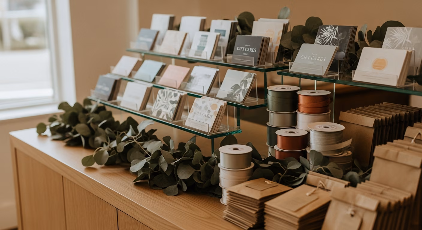Exhibición de productos de spa con cajas apiladas para tarjetas de regalo, ramitas de eucalipto, carrete de cinta y luz cálida proveniente de una ventana.
