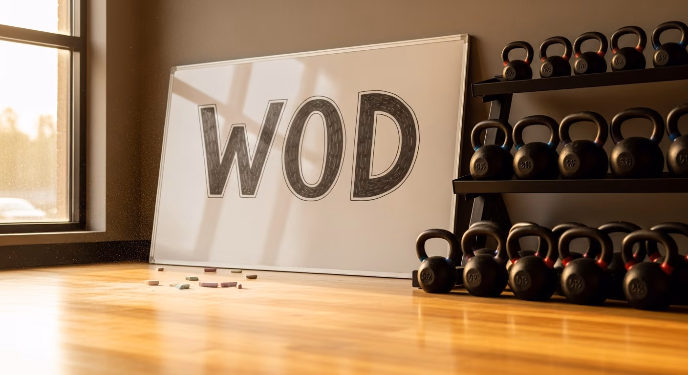 Pizarra blanca de un gimnasio de CrossFit con el WOD escrito, polvo de tiza, pesas rusas en un soporte, luz ambiental cálida.