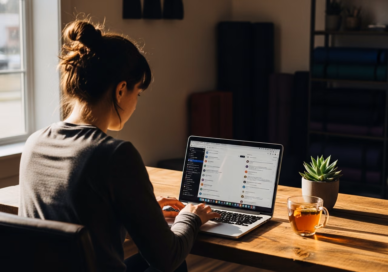 Foto einer Yogastudio-Managerin, die in einem Hinterzimmer einen Laptop mit geöffnetem Slack-Fenster überprüft; Sonnenlicht, spontan, keine Gesichter, keine Logos.