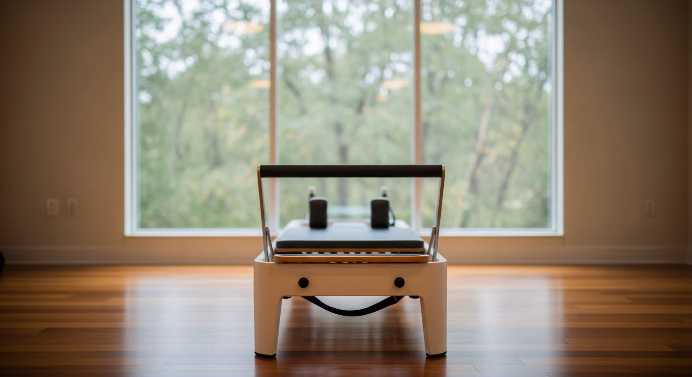 Estudio de pilates tranquilo con una sola máquina reformer con iluminación tenue, gran ventanal con vistas a los árboles y suelo de madera.