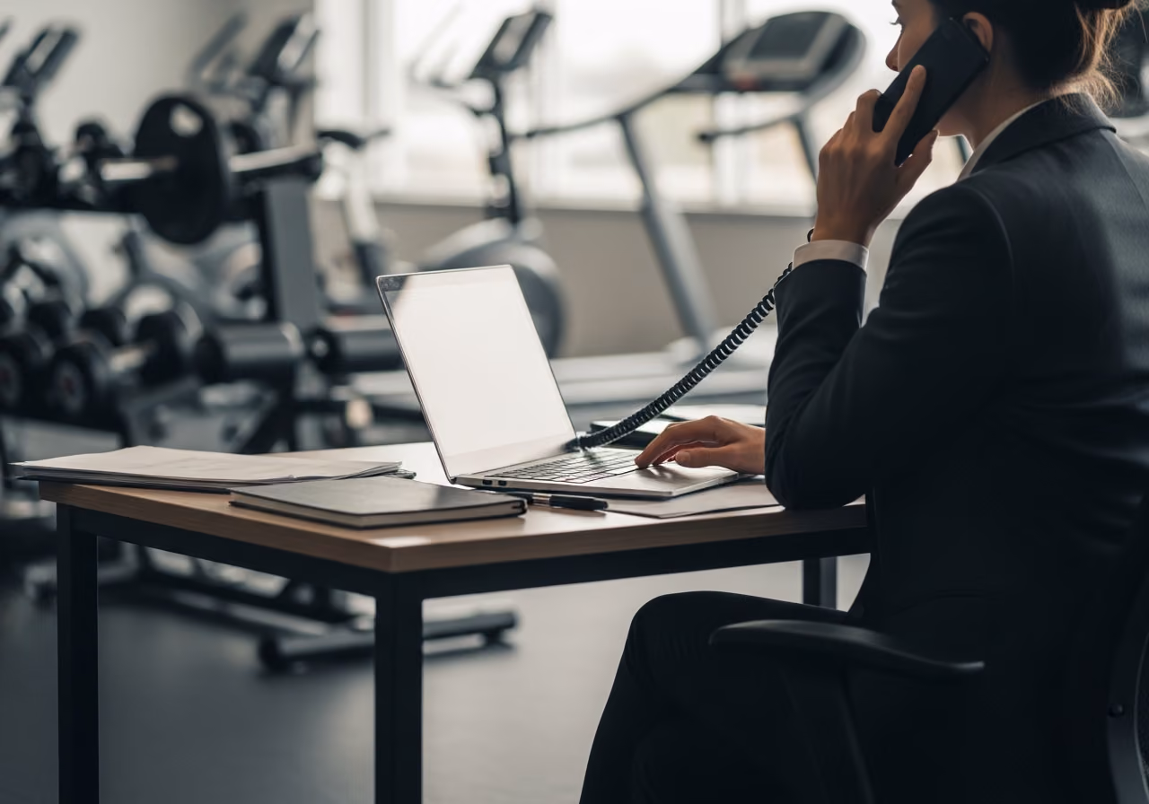 Fotografía de un gestor de éxito del cliente atendiendo una llamada telefónica en un escritorio en la oficina de un gimnasio, con luz natural tenue, espontánea, sin rostros ni logotipos.