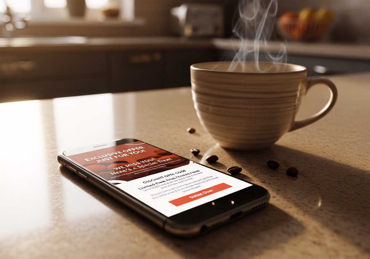 Fotografía de un teléfono inteligente que muestra un correo electrónico de fidelización con una oferta personalizada, sobre la encimera de una cocina junto a una taza de café, tonos cálidos, sin logotipos.