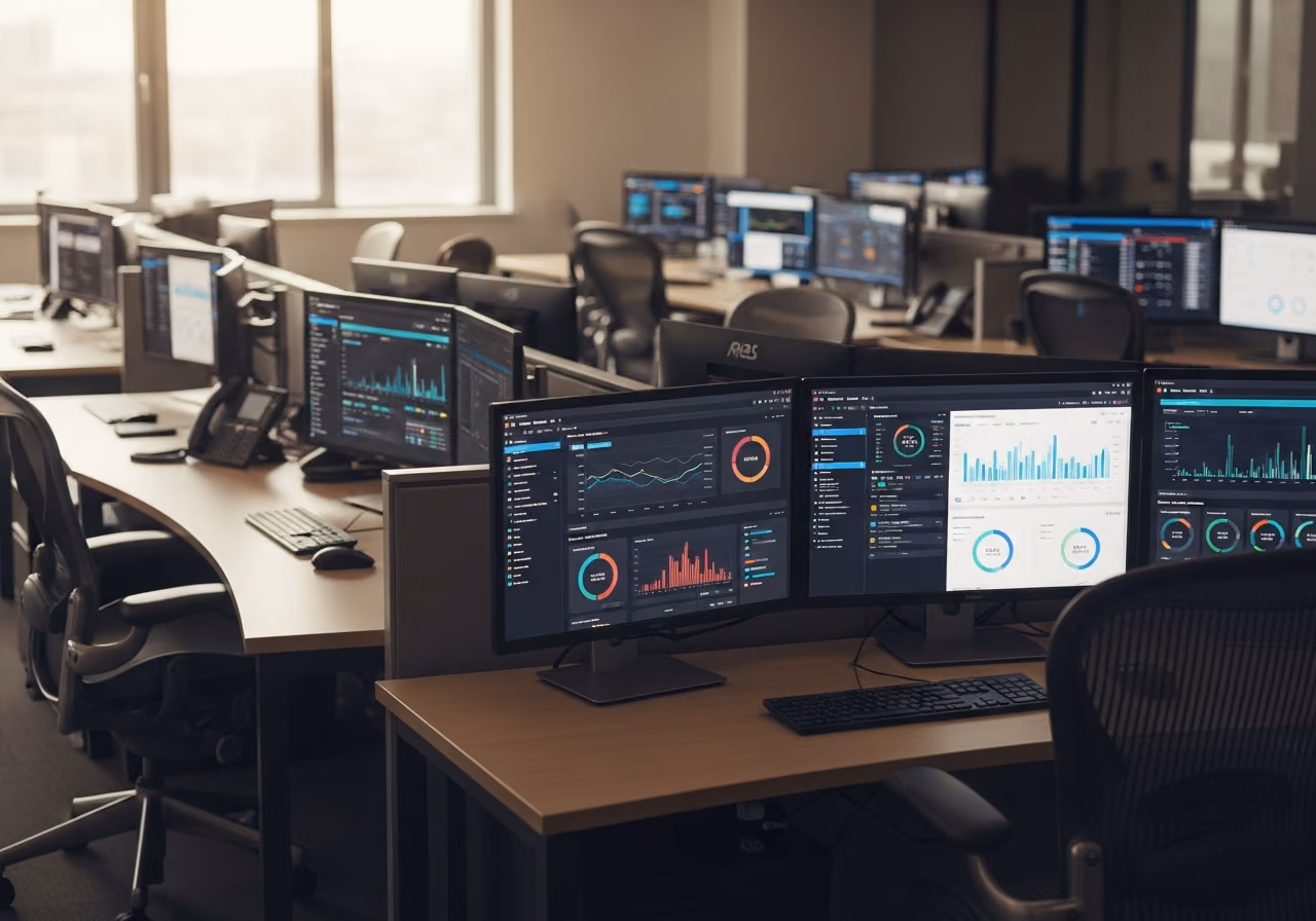 Foto eines zentralen Betriebsarbeitsbereichs mit mehreren Monitoren, auf denen Dashboards verschiedener SaaS-Tools angezeigt werden, sanftes Bürolicht, keine Gesichter, keine Logos.