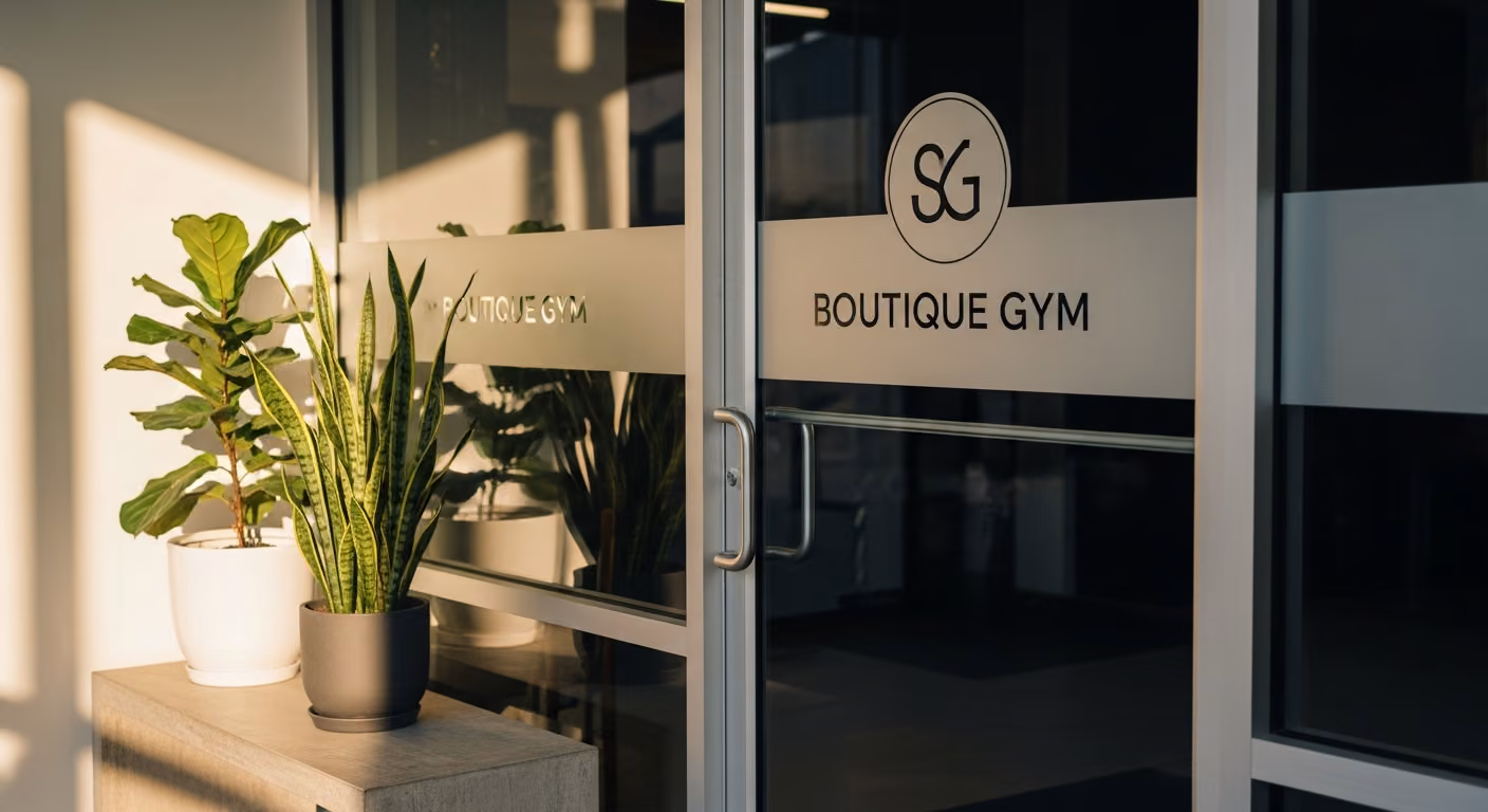 Entrada a un gimnasio boutique moderno con vinilo de marca en la puerta, una planta en el banco lateral y una suave luz matutina.