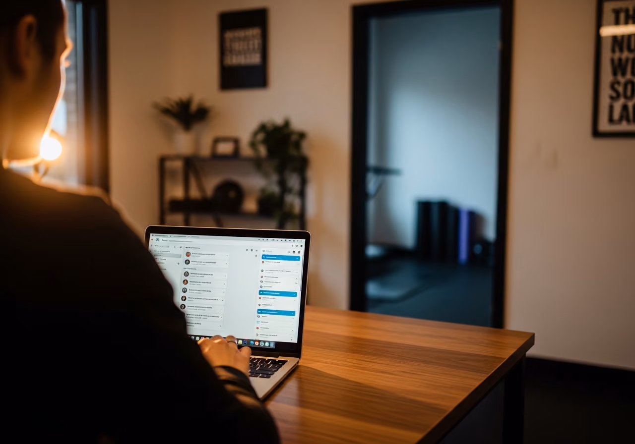 Foto eines Studioleiters, der in einem Fitnessstudiobüro eine Slack-Benachrichtigung auf einem Laptop überprüft; ungestellte Aufnahme, keine Gesichter, warmes Licht.