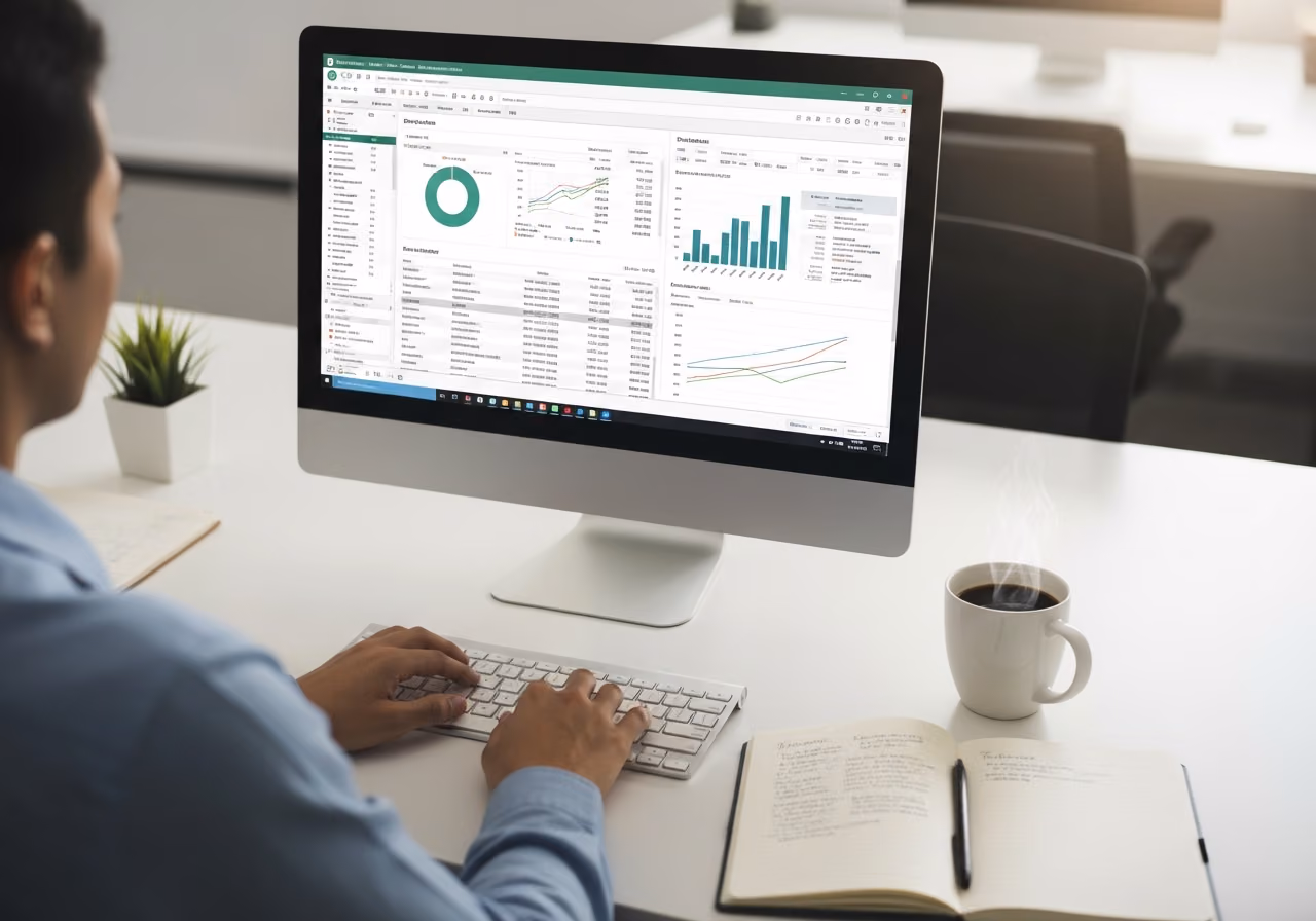 Fotografía de una contable sentada en un escritorio revisando QuickBooks en un monitor con una taza de café y una libreta, con luz tenue de oficina, espontánea, sin rostros ni logotipos.