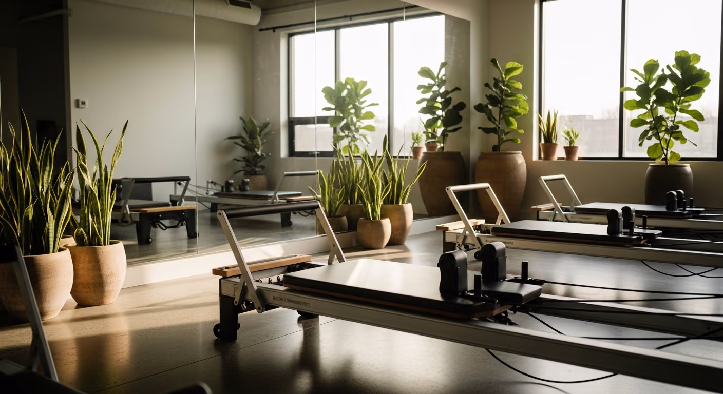 Estudio de pilates moderno con máquinas reformer, espejo de cuerpo entero, plantas en macetas de barro sin tratar y luz cálida de la tarde.