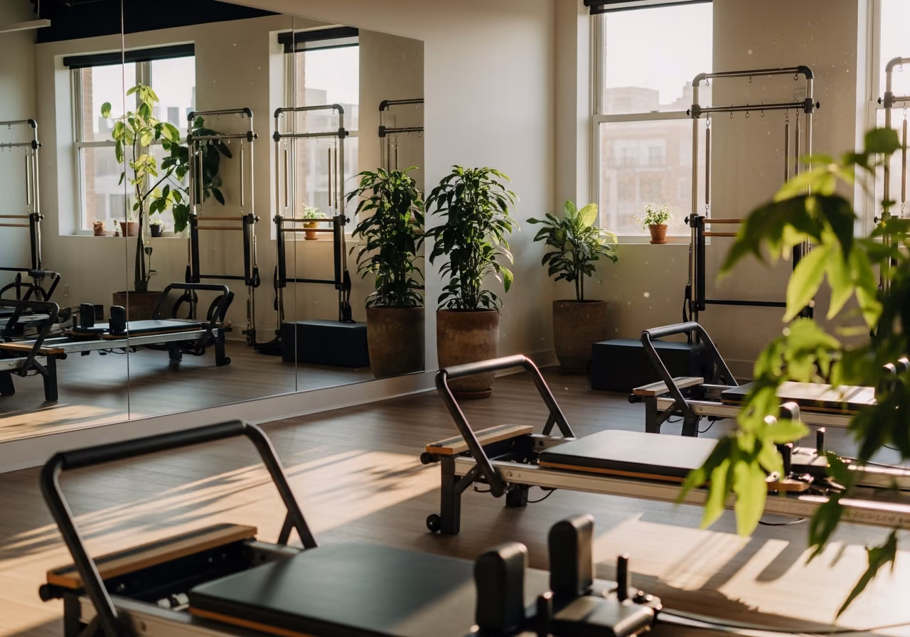 Estudio de pilates moderno con máquinas reformer y un espejo de cuerpo entero, plantas en macetas de barro sin tratar y una cálida luz de la tarde.