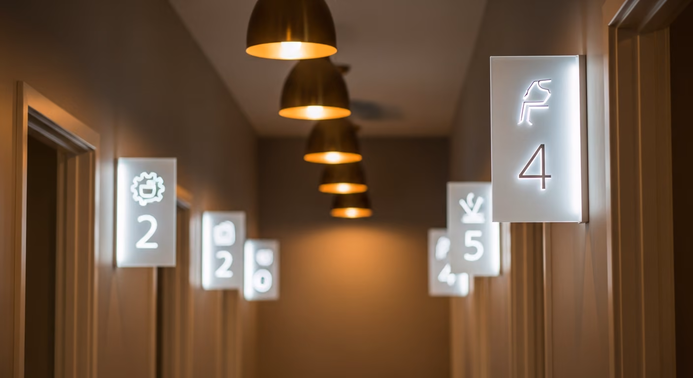 Pasillo tranquilo en el centro de estética, con letreros de las salas de tratamiento retroiluminados, paredes de color gris topo suave y lámparas colgantes de oro cepillado.