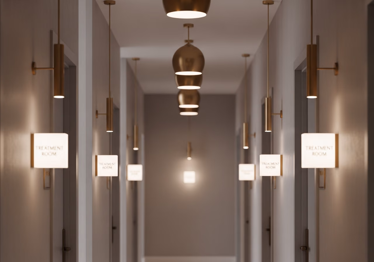 Ruhiger Flur im Medspa mit hinterleuchteten Behandlungsraumschildern und Pendelleuchten in gebürstetem Gold, Wände in sanftem Taupe.