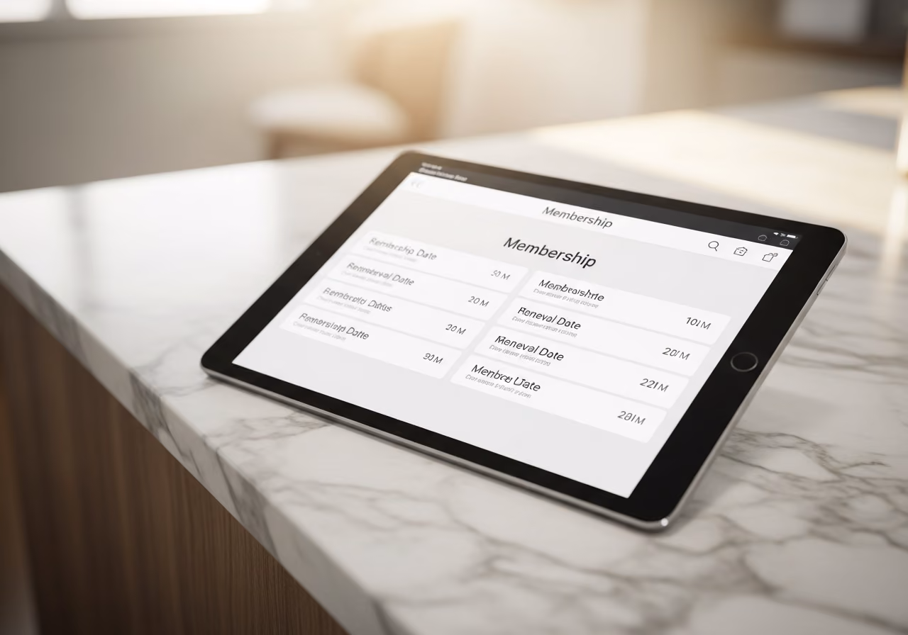 Tablet mit übersichtlichem Mitglieder-Dashboard und Angabe der Verlängerungsdaten, Arbeitsplatte aus gebürstetem Marmor in einer Klinikumgebung, sanftes, warmes Licht.