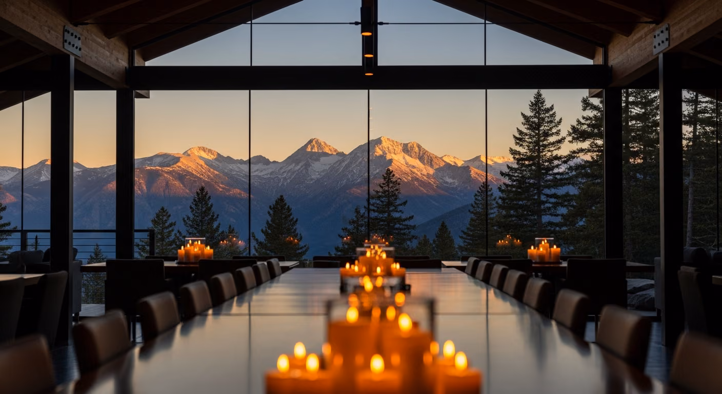 Comedor moderno de un refugio de retiro con una larga mesa de madera, grupos de velas, vista panorámica a la montaña a través de una pared de cristal y la hora dorada.
