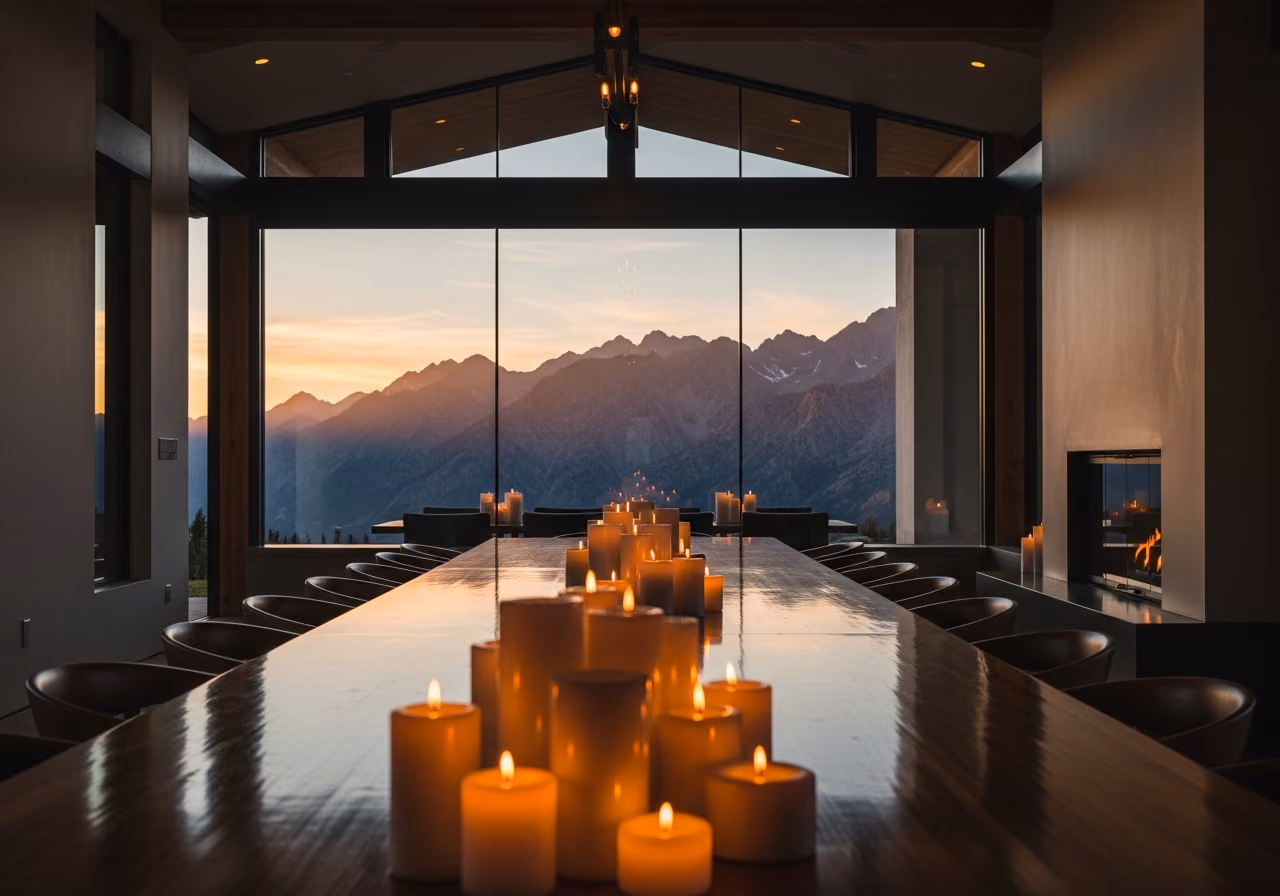 Comedor moderno de un refugio de retiro con una larga mesa de madera y grupos de velas, vista panorámica a la montaña a través de una pared de cristal, hora dorada.